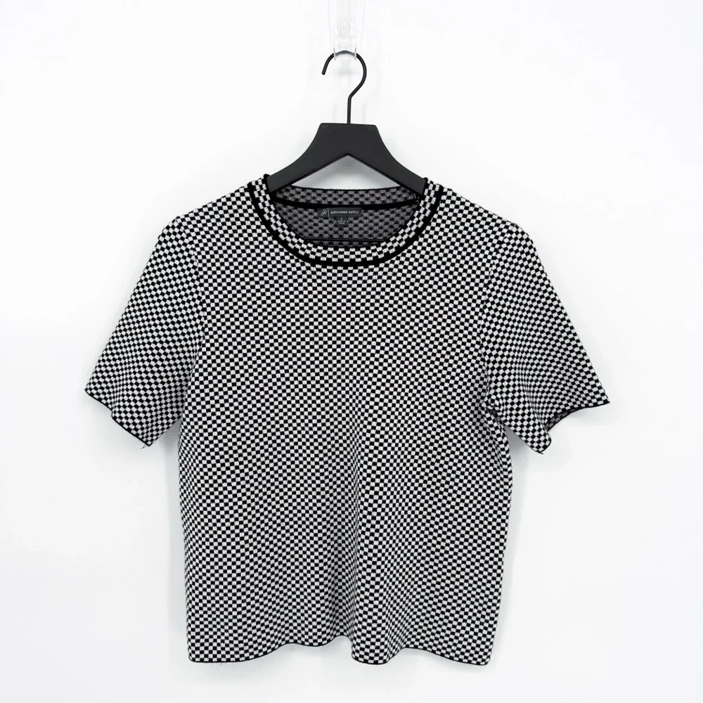 Adrianna Papell Micro Checkered Short Sleeve Knit Top Small